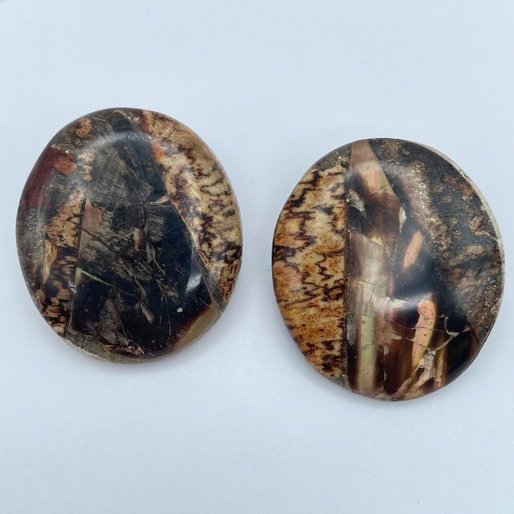 Vintage 80s Brown Faux Shell Resin Oval Clip On Earrings Silver Tone Jewelry Y2K